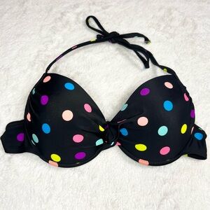Tahiti Black Rainbow Polka Dot Molded Cup Push Up Bikini Top Size Small